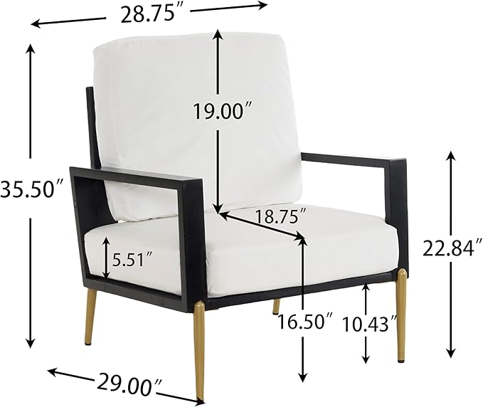 Modern Low Back Upholstered Accent Armchair with Gold Metal Legs &amp Rubberwood Frame Chic Wide Armrest Minimalist Lounge Chair with Pillow Back Single Sofa Chair for Living Room&ampBalcony Whit
