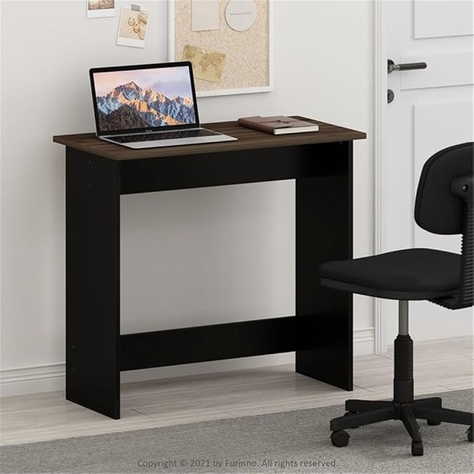 Pemberly Row Simplistic Engineered Wood Study Table 31.5 in Wide Columbia Walnut/Black Finish Compact Design with Rounded Corners Durable Writing Desk for Home Office or Small Spaces