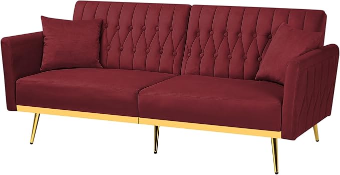 70” Velvet Futon Sofa Bed with 2 Pillows and Adjustable Armrests Convertible Sleeper Bed W/Adjustable Backrests Modern Loveseat for Living Room Bedroom Red