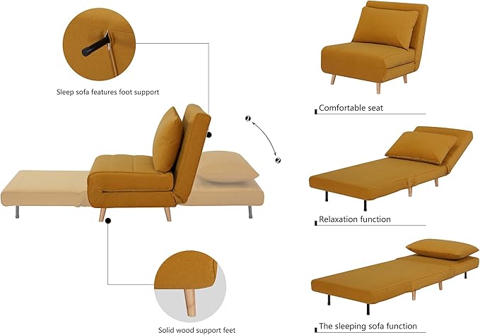 31 Convertible Sleeper Chair 3-in-1 Foldable Chair Bed with Pillow 3-Position Adjustable Backrest Single Sofa Bed for Apartment Office Orange Brown