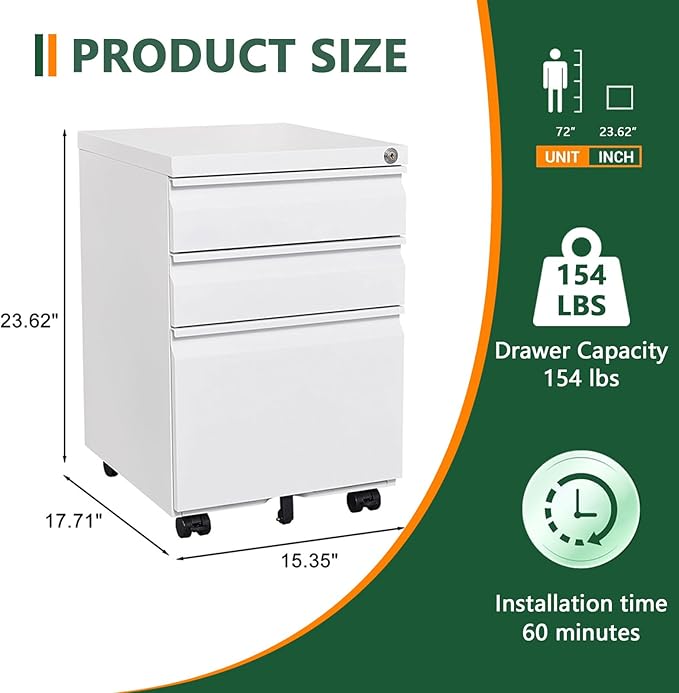File Cabinet 3 Drawers on Wheels Under Desk White Metal Rolling File Cabinets with Lock for Home Office Un-Assembled Filing Cabinet with Lock (3-Drawer White)