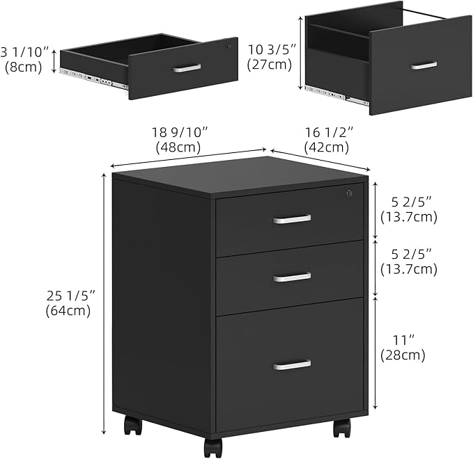 Need 3 Drawer Wood Mobile File Cabinet with LockRolling Filing Cabinet for Letter/A4 Size for Home Office Black