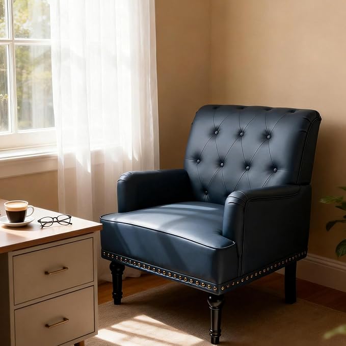 MOJAY PU Leather Accent Chair Mid-Century Armchair Living Room Sofa Chair with Rubber Wood Leg Club Chair with Rivet Trim for Bedroom Reading Room Reception (DarkBlue)