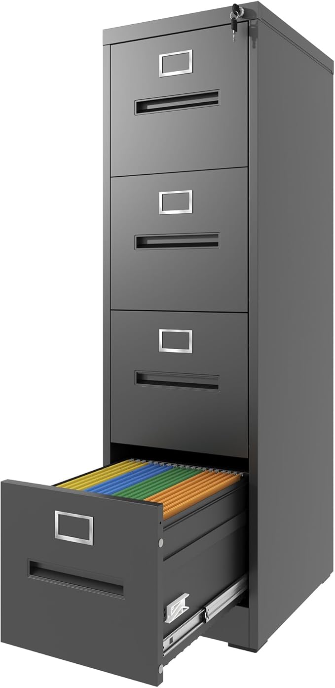 4 Drawer File Cabinet with Lock Metal Vertical File Cabinet Office Home A4 Legal/Letter Size Narrow File Cabinet LockedAssembly RequiredBlack