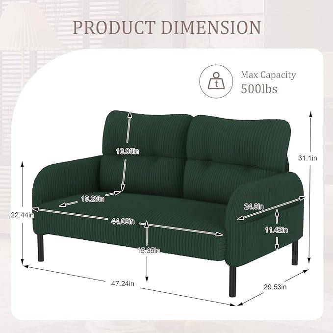 Corduroy Loveseat for Living Room &amp Bedroom - Modern 2-Seater Sofa with Storage PocketsSolid Wood Frame High-Density FoamComfortable Compact Couch for Small Spaces500 lb Capacity (Emerald)