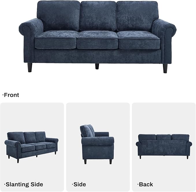 Kingfun WILLOVE 3 Seater Couch Mid Century Modern Sofa Set with Rolled Arms and Deep Seats Fluffy Comfort for Living Room Apartment Easy Assembly Blue