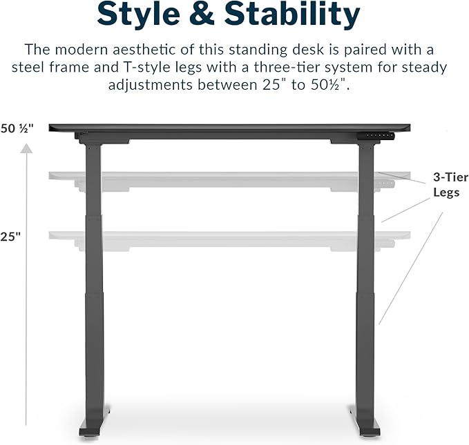 Vari Ergo 54x26 Electric Standing Desk – Height Adjustable Sit Stand VariDesk + Curved Waterfall Edge 4 Memory Settings Quick Assembly Cable Management 200 lb Capacity – Black (2 Boxes)