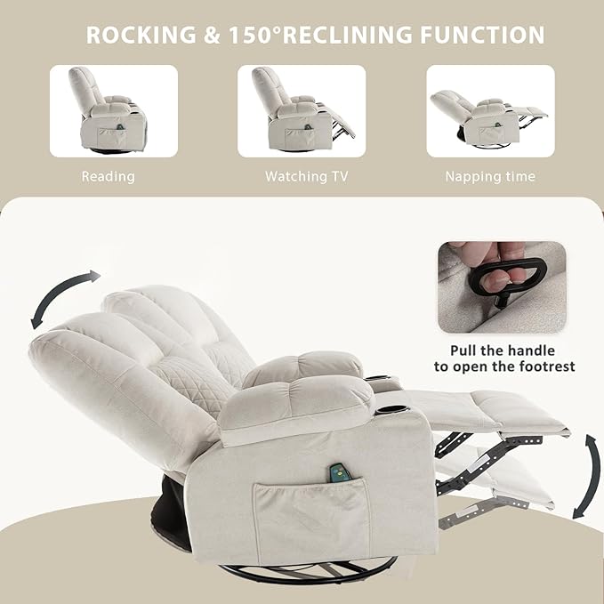 Rocker Recliner Chair with Heat and Massage Wide Seat Overstuffed Fabric Reclining Chair for Living Room Nursery Glider Rocking Chair Swivel Recliner with Cup Holder White
