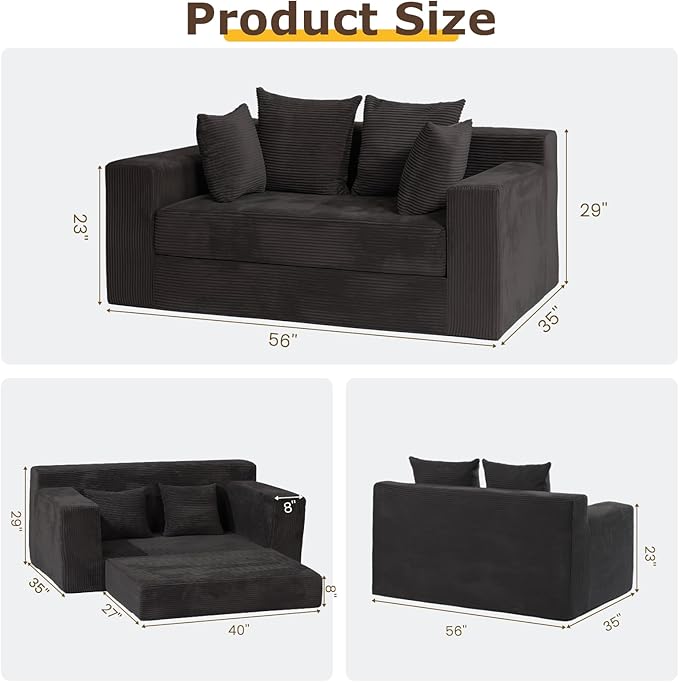 Convertible Sofa Bed Boneless Loveseat Folding Couch Bed Foldable - 3 in 1 Small Ccouch &amp Futon Sofa Sleeper Corduroy Pull Out Couch with 4 Pillows for Living Room Black