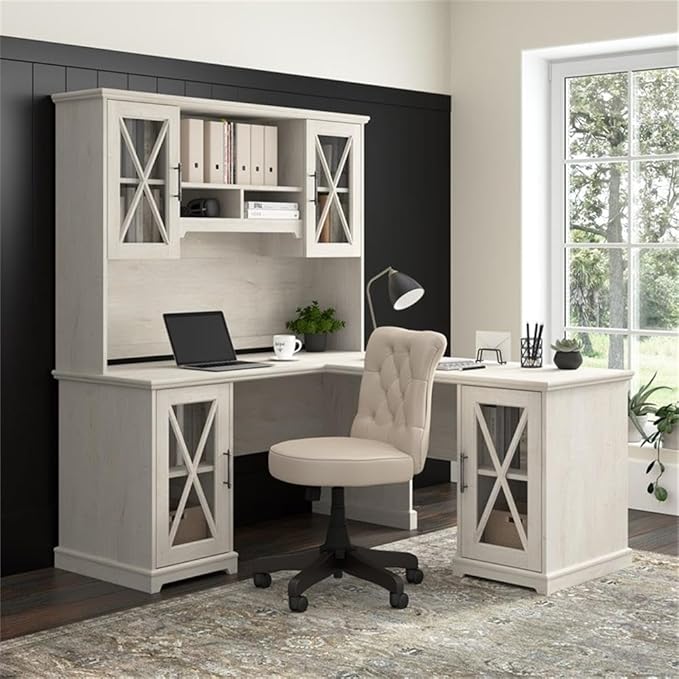 BOWERY HILL Engineered Wood L-Shaped Desk with Hutch Linen White Oak Finish 72 in H x 59 in W x 65 in D Adjustable Shelves with Tempered Glass Cabinets Farmhouse Style Home Office Desk