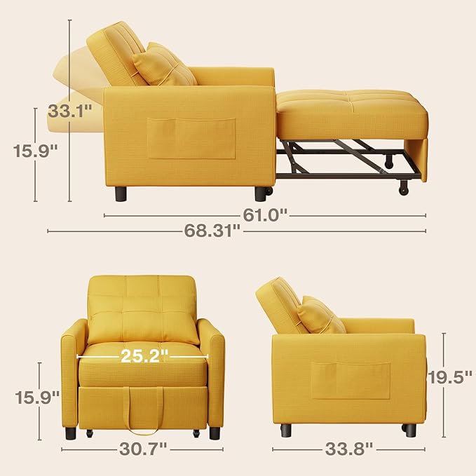 Aiho Convertible Sleeper Sofa Chair Bed 3-in-1 Adjustable with Pillow &amp Pocket - Multi-Functional in Modern Linen Fabric for Apartment Yellow