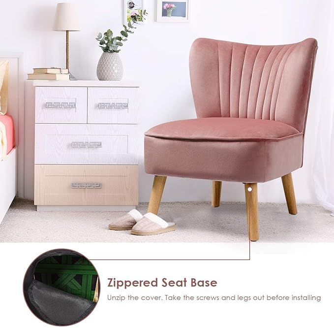 LUARANE Armless Velvet Accent Chair Modern Leisure Chair with Curved Backrest Thick Sponge Cushion Wood Legs Small Upholstered Wingback Sofa Chair for Bedroom Living Room (1 Pink)