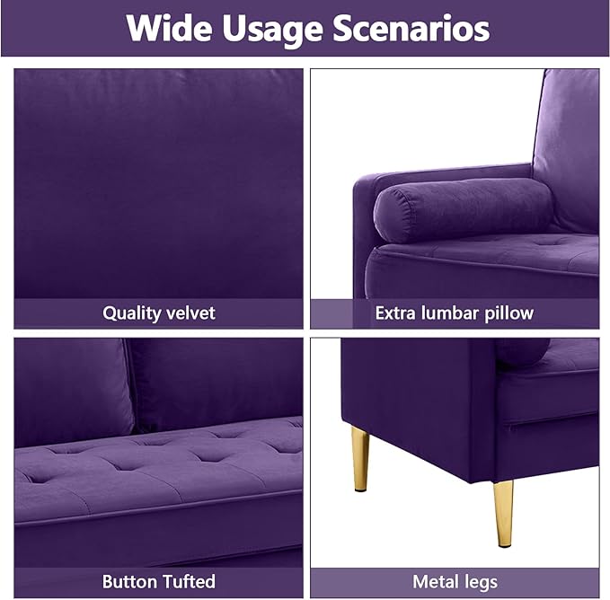 65 Love Seat Sofa Velvet Small Sofa Small Couch for Bedroom Living Room Bedroom Loveseat with 2 Pillows Gold Legs Modern Tufted Seat Upholstered Seating for Office Apartment (Purple)