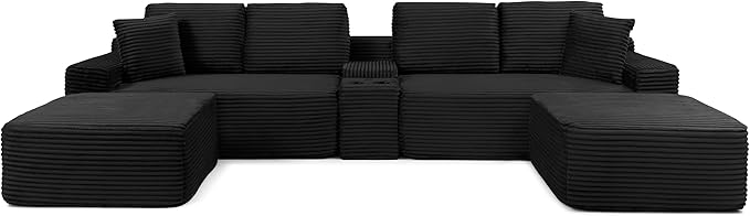150 Oversized U-Shaped Sectional Sofa Deep Seat Boneless Cloud Corduroy Couch with Cup Holders USB Ports Wireless Charging &amp Storage Box Upholstered Modular Sleeper Sofa for Living Room Blac