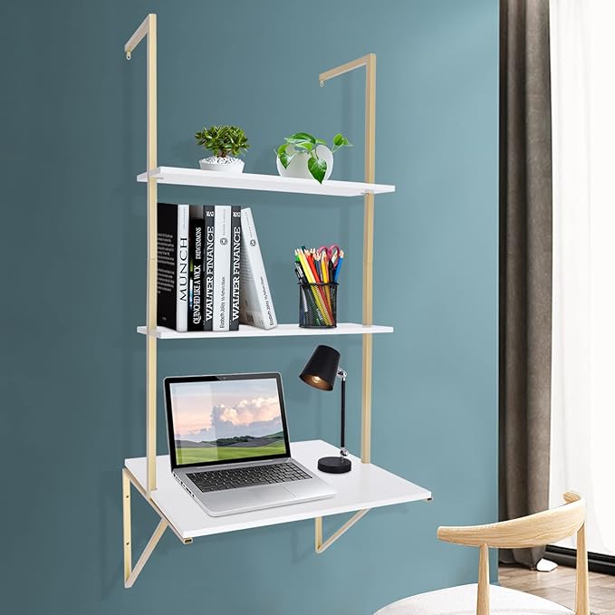 Wall Mounted Desk Gold Ladder Desk Wall Mounted Shelf 3 Tier Standing Desks for Small Space Mounted Desk Home Office Table Bedroom Writing Study Work Modern