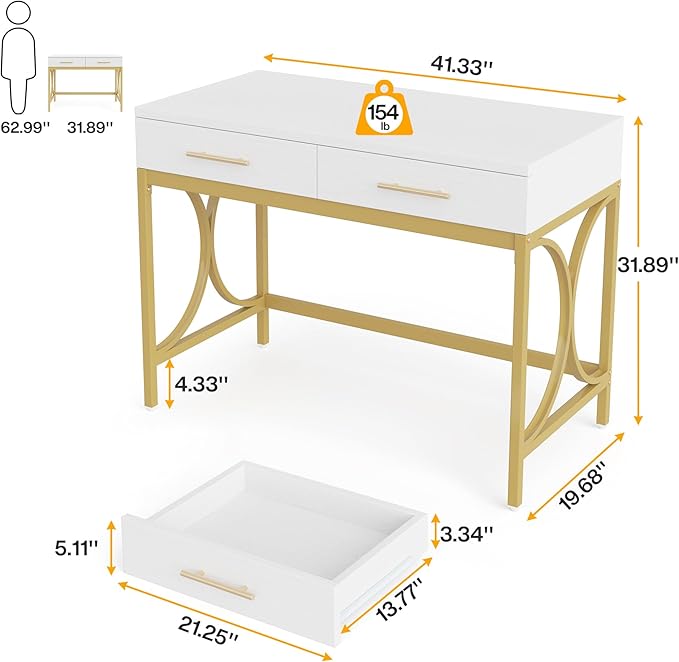 LITTLE TREE 41 Computer Desk with Two Drawers Modern Study Writing Desk with Storage White Makeup Vanity Table Office Desk with Gold Metal Frame for Home Office