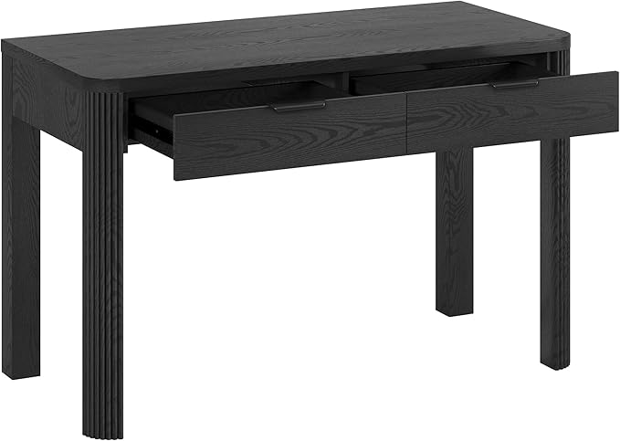 Henn&ampHart 48 Fluted Modern Rectangular Wooden Home Office Desk Computer Desk Writing Table with Ribbed Legs and 2 Storage Drawers for Bedroom Living Room or Home Office Natural Black
