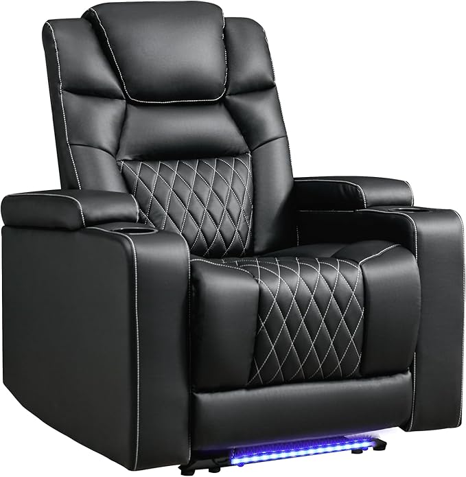 ANJ Power Recliner Chair with USB Port Electric PU Leather Home Theater Seating for Living Room Movie Reclining Chairs with Blue Ambient Lighting Hidden Arm Storage Cup Holders (Black)
