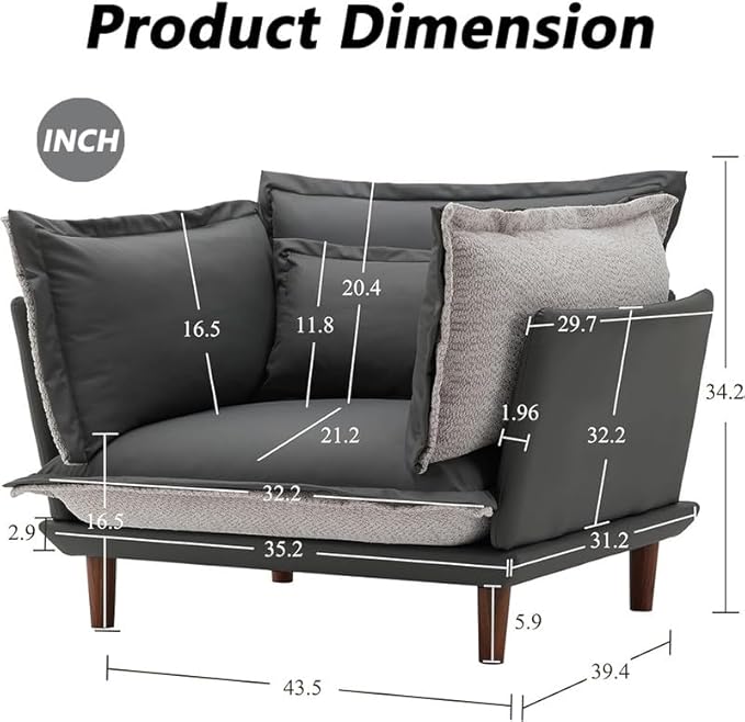 Leather Oversized Armchair Modern Accent Chair Single Sofa Lounge Chair Leather and Fabric Two-Faced Material 43.5 Wide 21.3 Seat Deepth for Living Room Bedroom (Blue Grey)