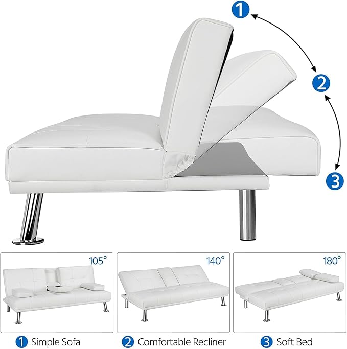 Futon Sofa Bed Modern Folding Couch for Small Space Faux Leather Convertible Loveseat Sleeper Bed Daybed Recliner Lounge Sofas for Living Room2 Cup HoldersMetal LegsRemovable Armrests (White)