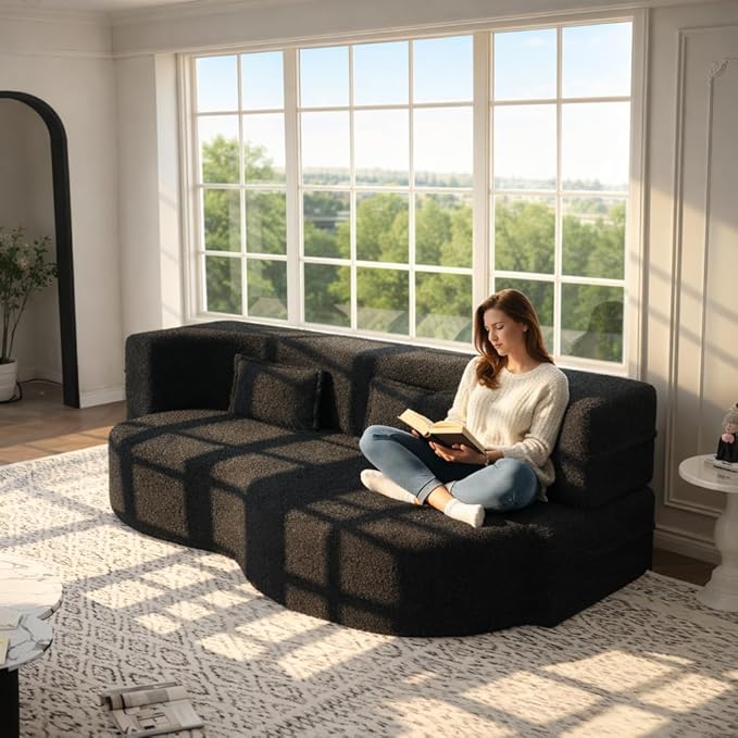 78 Inch Couch Queen Sleeper Loveseat Cloud Sofa Bed Convertible Folding Teddy Full Size Boneless Sofabed for Living Room Guestroom Lazy Lounge Floor Fold Out Sofa Bed No Assembly (Black)
