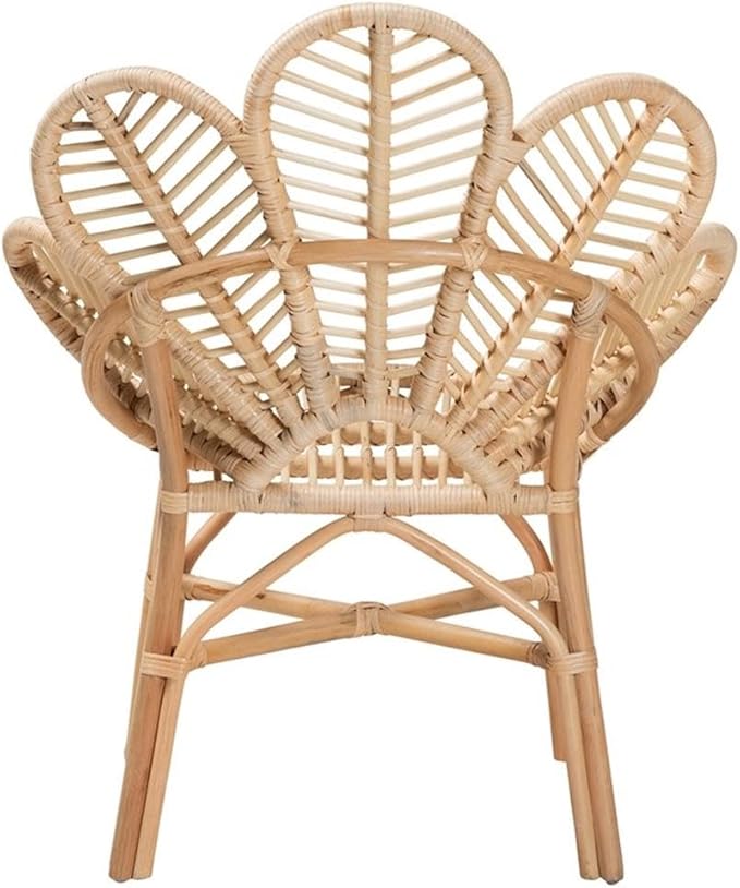 BOWERY HILL Modern Bohemian Accent Chair Natural Brown Rattan Flora-Inspired Backrest Openwork Design 29.90 W x 26.80 D x 35.80 H Angled Legs Crisscross Base for Living Room or Lounge