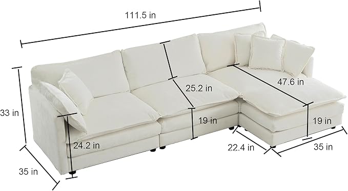 Cloud Sectional Couch 111.5 L Shaped Deep Seat Chenille Sectional Sofa for Living RoomComfortable Double Layer Sofa CushionWhite