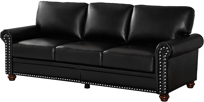 82 Faux Leather Pu Couch Underseat Storage Classic Sofa Elegance 3 Seat with Rolled Armrests Nailhead Trim Wood Legs Classic Living Room Accent Sofa 3 Seat-Black