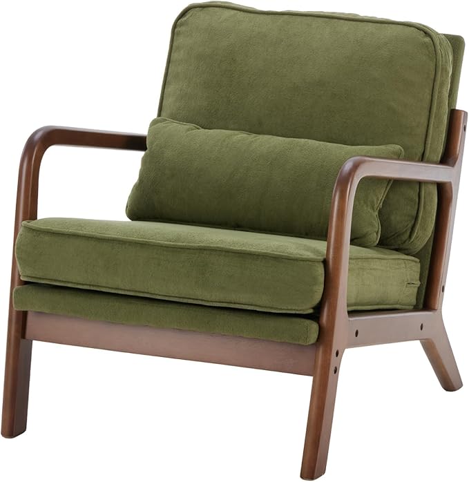 DUMOS Mid Century Accent Chair Modern Living Room Chairs with Arms and Waist Cushion Reading Chairs for Adults Lounge Chair for Bedroom Solid Wooden Frame Classic Green