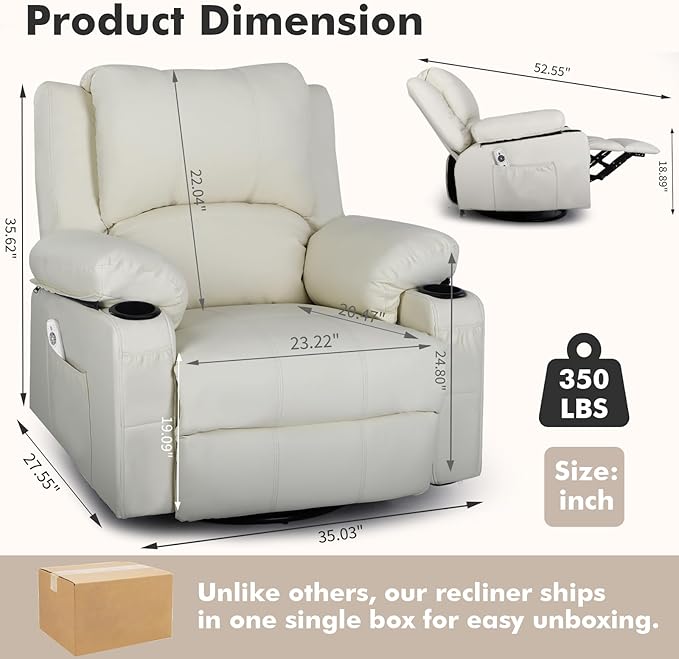 Rocking Recliner Chair with Heat and Massage Overstuffed PU Leather Recliners for Living Room Modern Single Rocking Chair for Adults Manual Swivel Rocker Recliner with Cup Holders Cream White