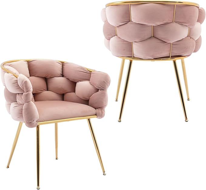 NIOIIKIT Modern Velvet Dining Chairs Set of 2 Hand Weaving Upholstered Vanity Chairs with Gold Metal Legs Leisure Single Sofa Armchairs Comfy Accent Chairs for Living Room Bedroom (Pink)