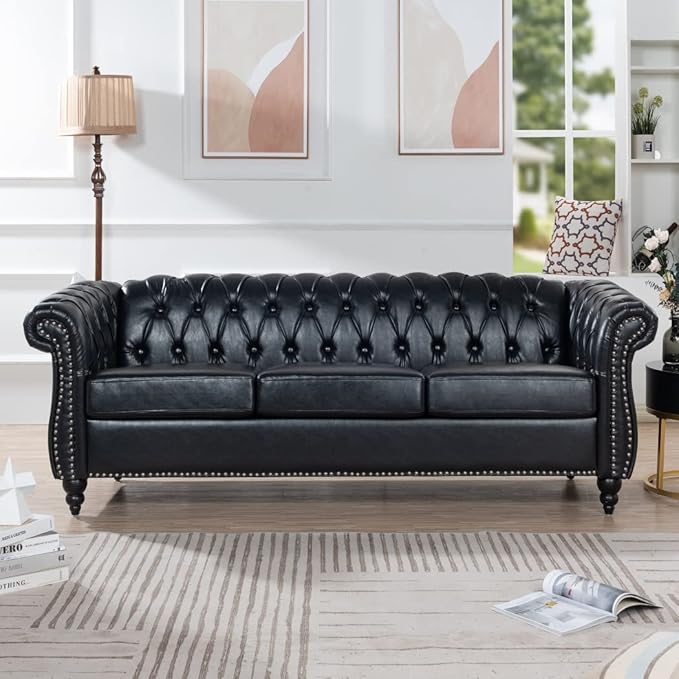 84 Chesterfield Couch PU Leather Modern Rolled Arm Tufted Back 3 Seater Sofa Upholstery Nailhead Trim Couches for Living Room Office (Black)