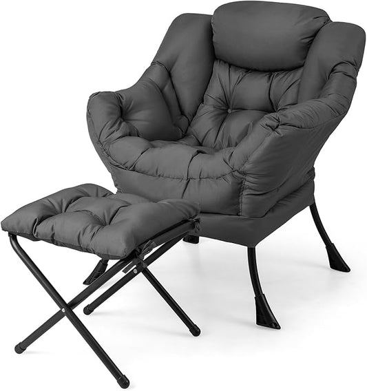 GORELAX Lazy Chair with Ottoman Modern Accent Chair w/Armrests &amp Side Pocket Upholstered Lounge Sofa Chair &amp Folding Footstool Set Reading Chair for Bedroom Living Room Dorm Room (Grey)