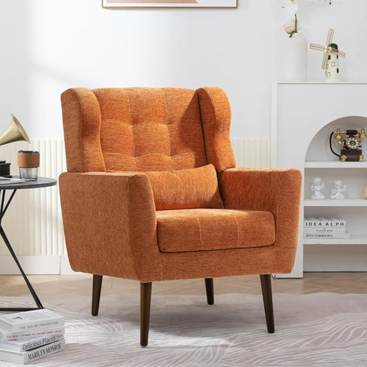 Modern Accent ChairChenille Arm Chairs for Living RoomUpholstered Mordern ArmchairComfy Soft Padded Lounge Chair in Small Space Bedroom w/Pillow Solid Wood Leg (Orange + Chenille)