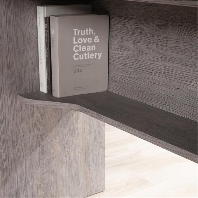 Pemberly Row Engineered Wood L-Shaped Desk 59 in x 58 in x 30 in Ashen Oak Finish Durable Home Office Desk with Storage Drawers and Shelves Compact Workspace for Study or Dorm Room Use