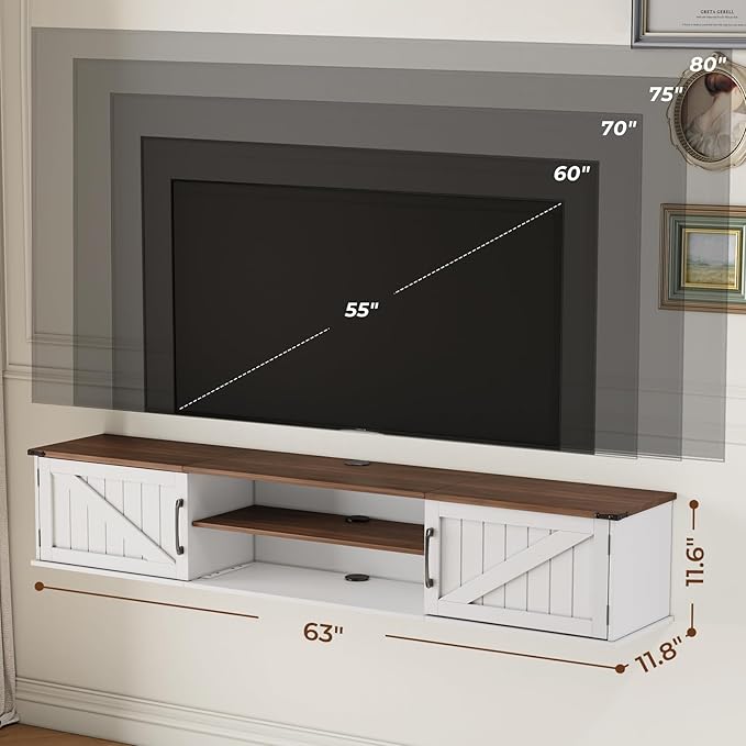 Floating TV Stand with Doors 63'' Farmhouse Floating TV Shelf for TVs up to 80 Inch 2 Tier Wall Mounted TV Stand Floating Entertainment Center TV Floating Cabinet for Living Room Bedroom White