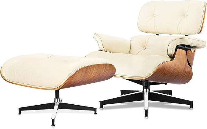 Top Cream White Grain Leather Mid Century Chaise Lounge Chair and Ottoman Modern Chair Classic Design Walnut Wood Heavy Duty Base Support for Living Room Office