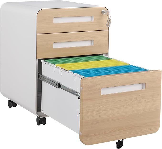 3 Drawer Mobile File Cabinet with Lock Under Desk Metal Filing Cabinet for Home Office Assembled Removable Under Desk Storage with Wheels for A4-Size/Letter-Size/Legal-Size (Wood Grain)