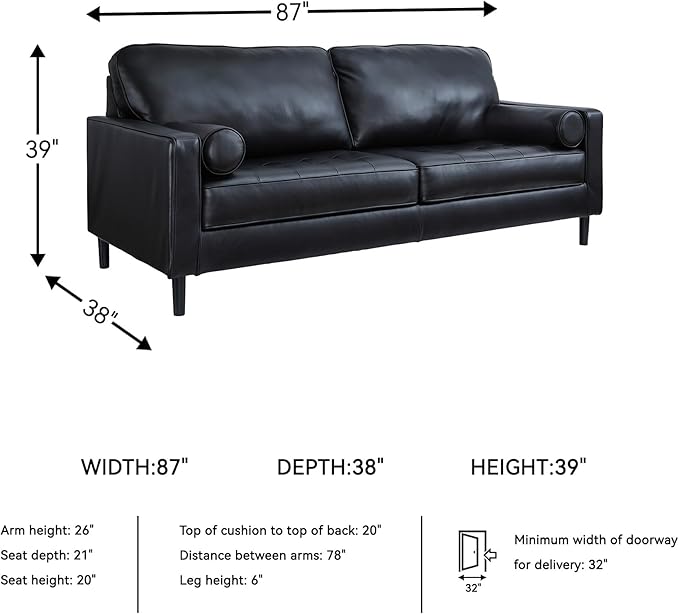 Signature Design by Ashley Bryceview Contemporary Leather Match Tufted Sofa with 2 Bolster Pillows Black