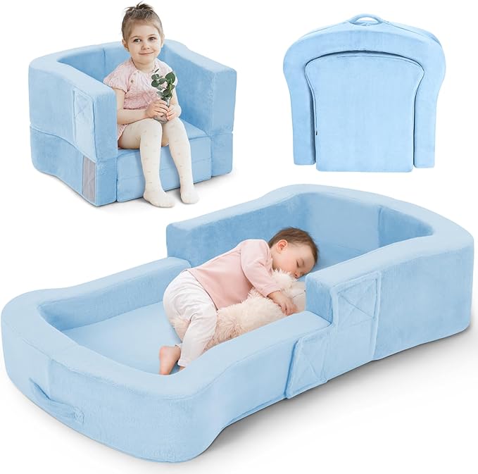 Toddler Travel Bed 2-in-1 Foldable Portable Toddler Bed Sofa Chair Soft Baby Kids Travel Floor Cot with Washable Covers Safety Foam Raised Bumper for Camping Hotel Sleeping (Blue)