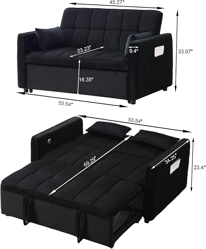 Velvet 3-in-1 Convertible Sleeper Sofa Bed - USB Charging Port Adjustable Backrest Pull-Out Futon Loveseat for Small Space Apartment Versatile Sectional Couch for Living Room (Black)