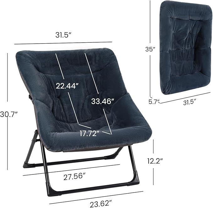 Comfy Saucer Chair for Adults Soft Faux Fur Bedroom Chair Accent Dorm Chairs Flexible Living Room Reading Chairs Oversized Folding Seat for Teens X-Large Navy Blue