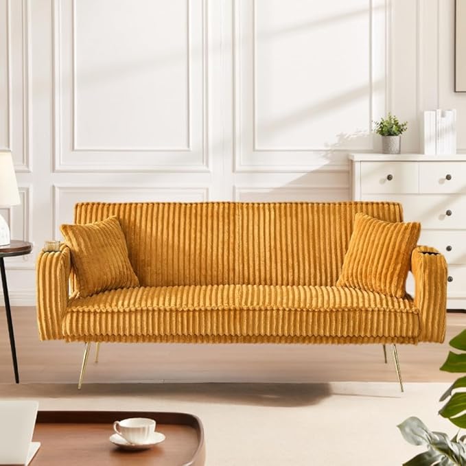 73 Convertible Futon Sofa BedModern Corduroy Sleeper Couch with 3 Reclining BackrestsGolden Chrome LegsComfy Cloud Sofa Loveseat for Small Living Room Bedroom Office (Yellow)