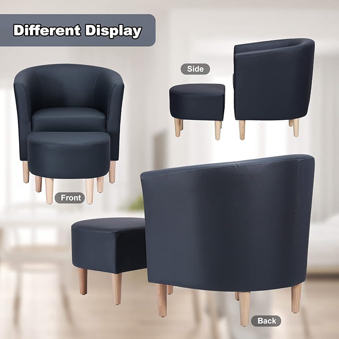 DAZONE Leather Chair Accent Chair Mid Century Modern with Ottoman Faux Barrel Comfy Armchair Upholstered Club Tub Round Arms for Living Room Bedroom Reading Navy Blue Set of 1
