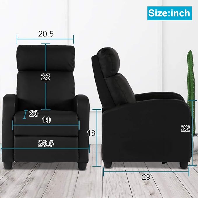 Dkeli Recliner Chair for Living Room Padded Wide Seat Sofa PU Leather Reclining Chair with Footrest &amp Backrest Wingback Heavy Duty Modern Single Sofa Home Theater Seating Easy Lounge Black