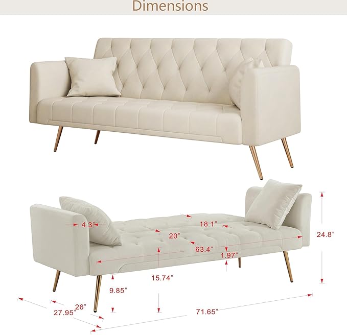Anwick 72''Modern Velvet Sofa Bed FutonConvertible Folding Sleeper Couches with 3 Adjustable BackrestsTufted Recliner Love Seat Golden Chrome Legs for Living Room Apartment Home Office (Beige)