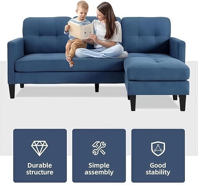 L Shaped Sectional Sofa with Movable Ottoman Lounge Sectional Sleeper Sofa Couch for Apartment &amp Small Space Small Couch for Living Room Blue