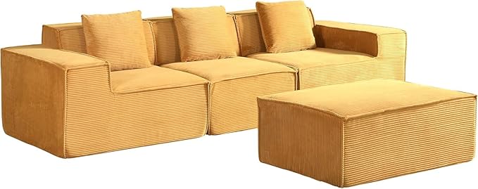 Harper Convertible Corduroy Sectional Couch with Ottoman &amp Pillows Modular L Shaped Sleeper Sofa Boneless Cloud Couch for Living Room Furniture Ginger Yellow