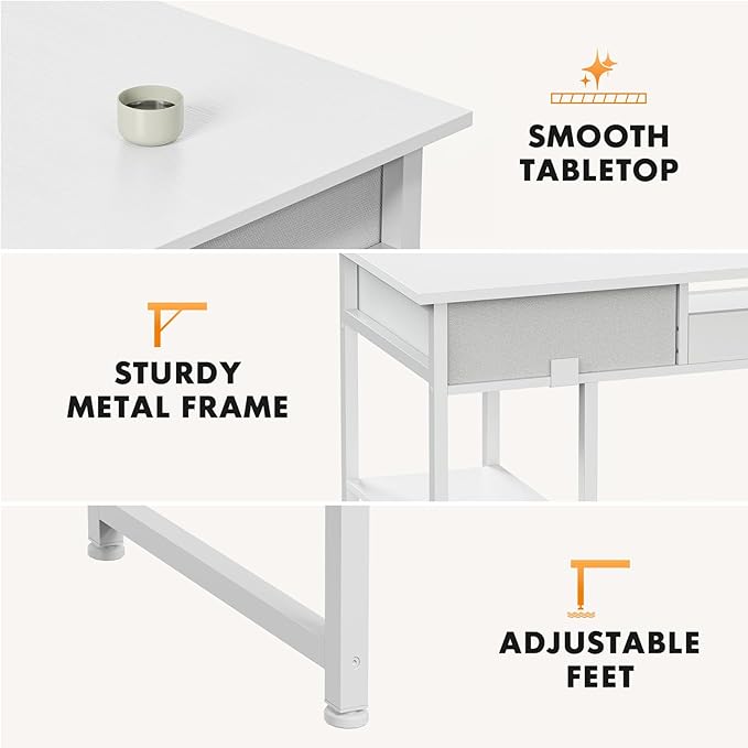 Sweetcrispy Computer Gaming Desk with Fabric Drawers - 48 Inch Home Office Bedroom Writing StudyTable with Storage Shelves Adjustable Feet PC Desk White