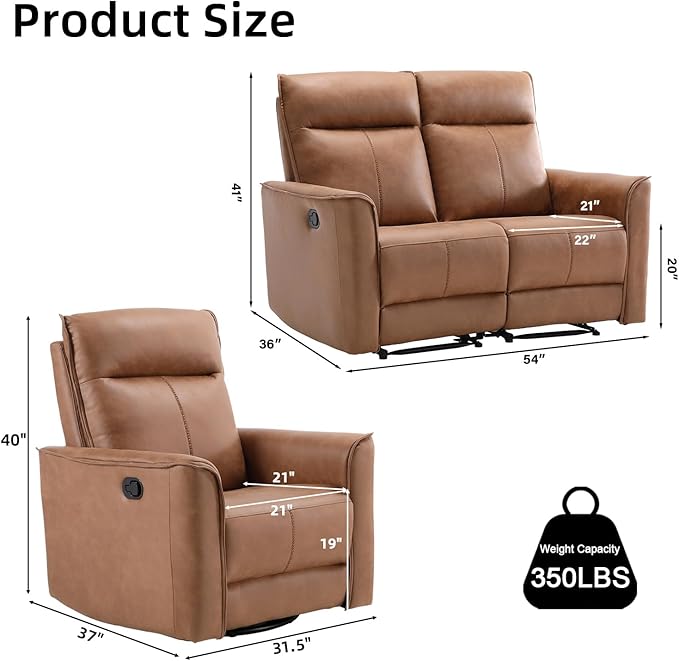 CANMOV Manual Recliner Sofa Furniture Set for Living Room Included Leathaire Nursing Chairs Swivel Glider Recliners Wall-Hugger 2 Seat Reclining Loveseat Modern Double Reclining Sofa Couch 1+2